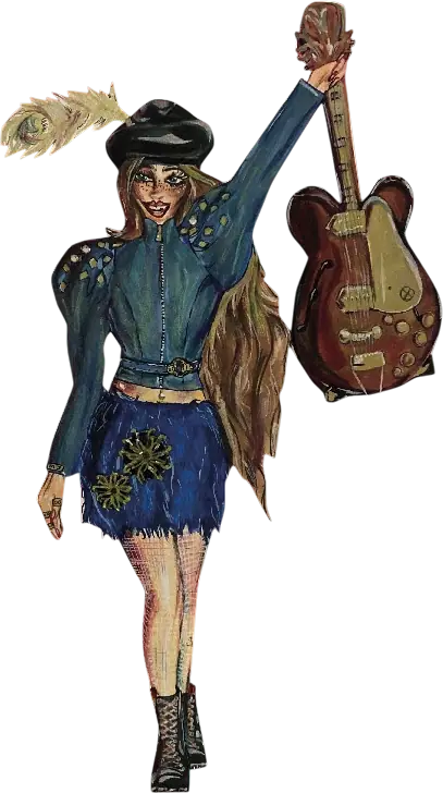 Entwurfszeichnung Rockstar: Jeansjacke, Hut und Gitarre