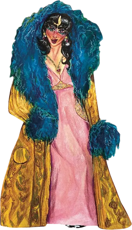 Entwurfszeichnung Scheherazade: rosa Kleid unter blauem Fellmantel