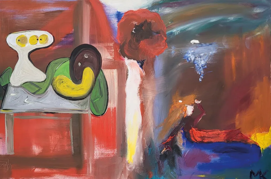 Abstraktes Gemälde in Rot, Grün, Blau und Ocker — gemeinsam mit der Großmutter gemalt