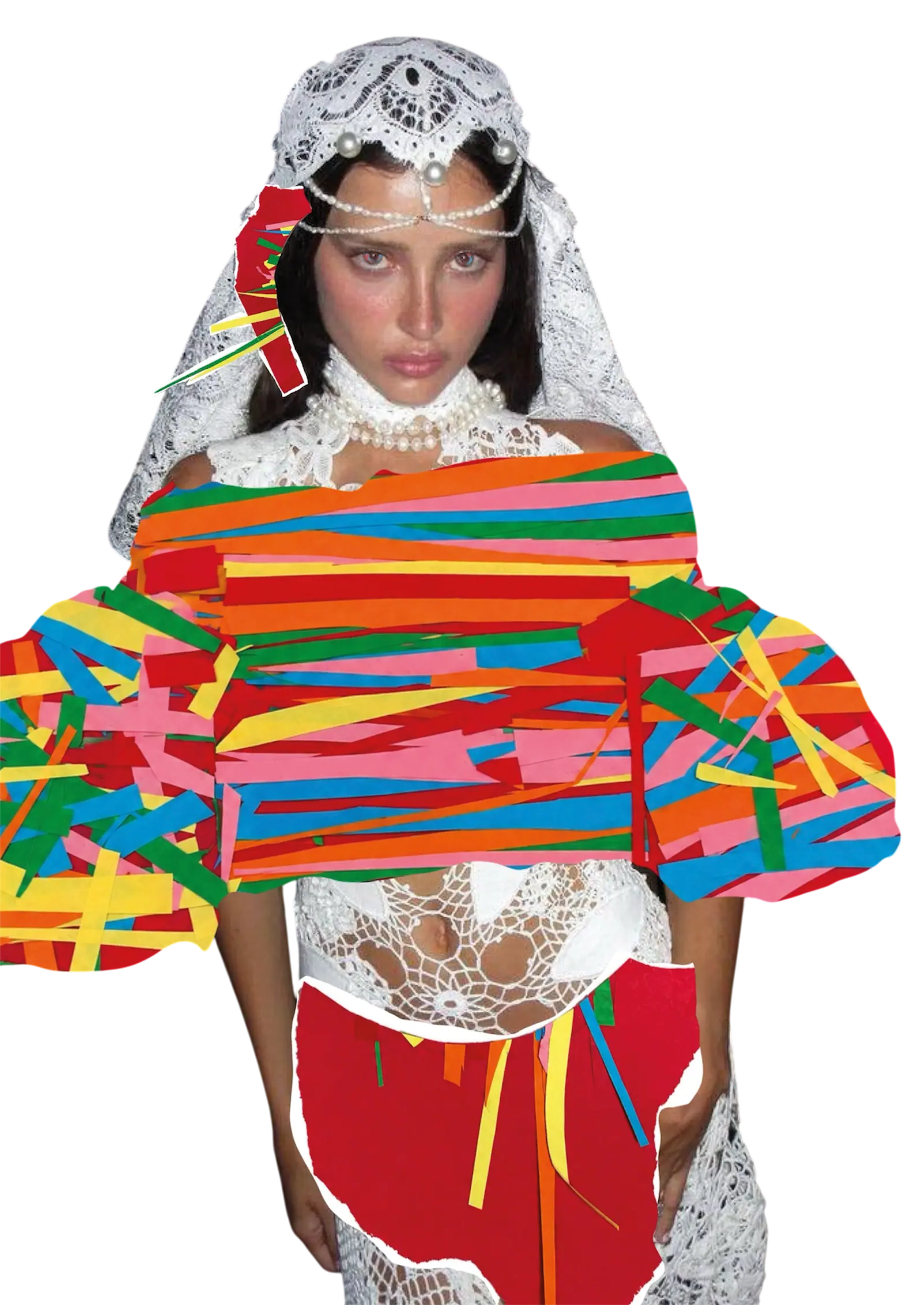 Model in gestreiftem Strickoberteil mit Spitzenschleier