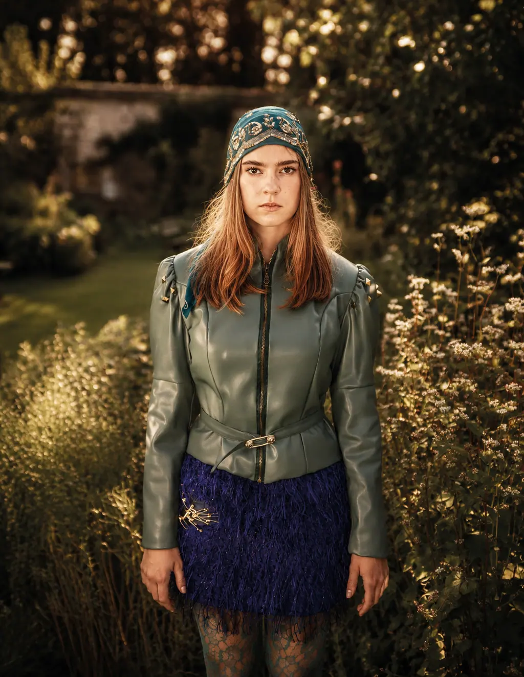Rockstar: Nietenjacke zu Chiffonrock im Abendlicht