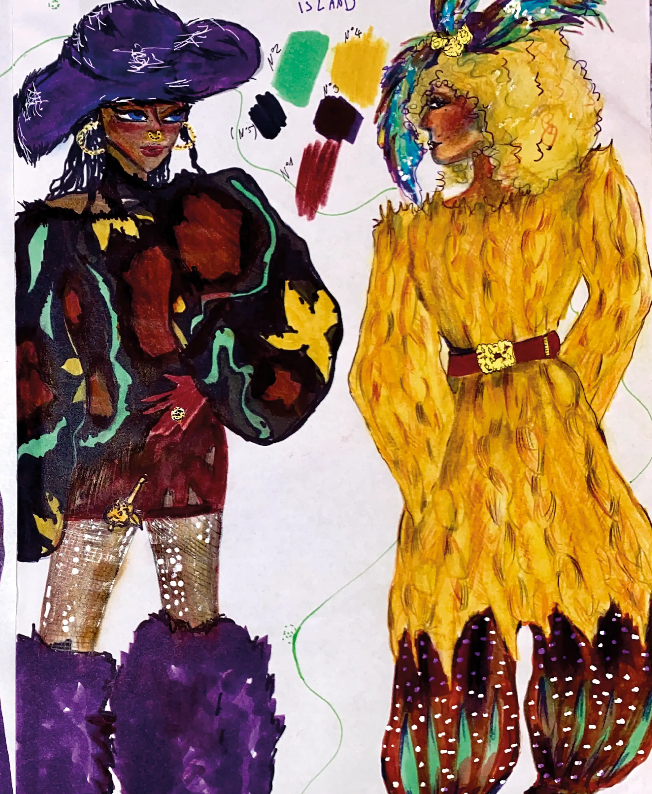 Bunte Modeillustrationen zweier Figuren in üppigen Mänteln